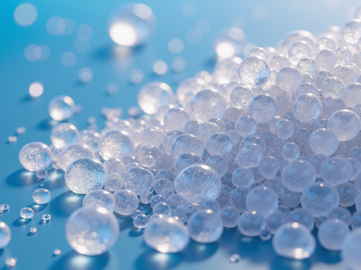 新鲜塑料颗粒，白色纯净颗粒状，高质量原料展示，实验室背景