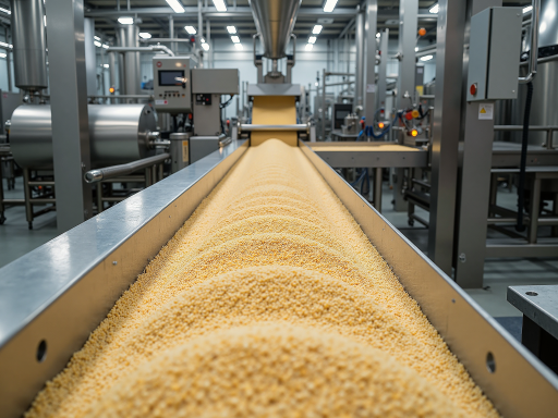 ABS塑料颗粒，浅黄色颗粒状，工业包装袋，现代化生产车间背景