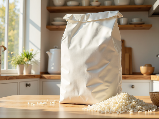 聚丙烯颗粒状塑料原料，白色半透明颗粒，工业包装袋装，工厂仓库背景